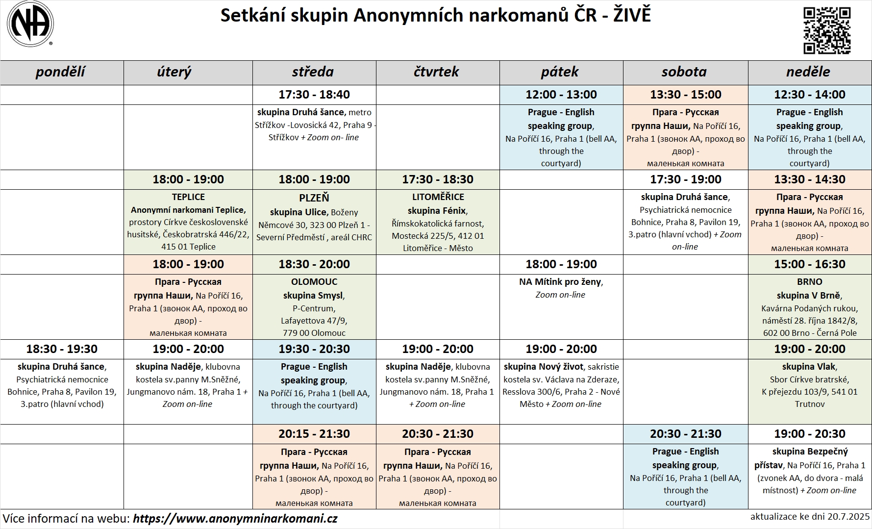 Seznam setkání NA v České republice